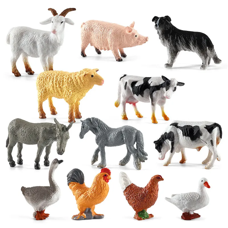 12Pcs Simulation Farm Poultry Animal Model Pig Duck Goose Horse Cow Action Figures Plastic Figurines Sand Table Decoration Toy