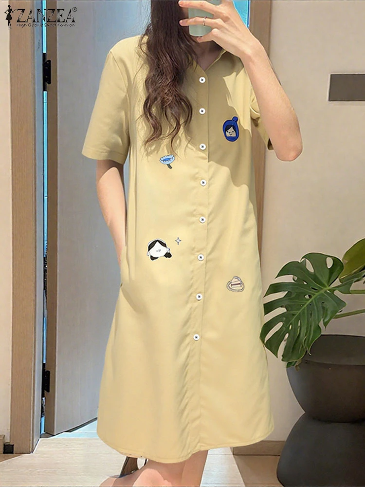ZANZEA Mode Gedruckt Kleid Casual Revers Neck Shirt Sommerkleid 2025, Vintage Vestidos Tasten Kurze Puff Sleeve Robe Übergroßen