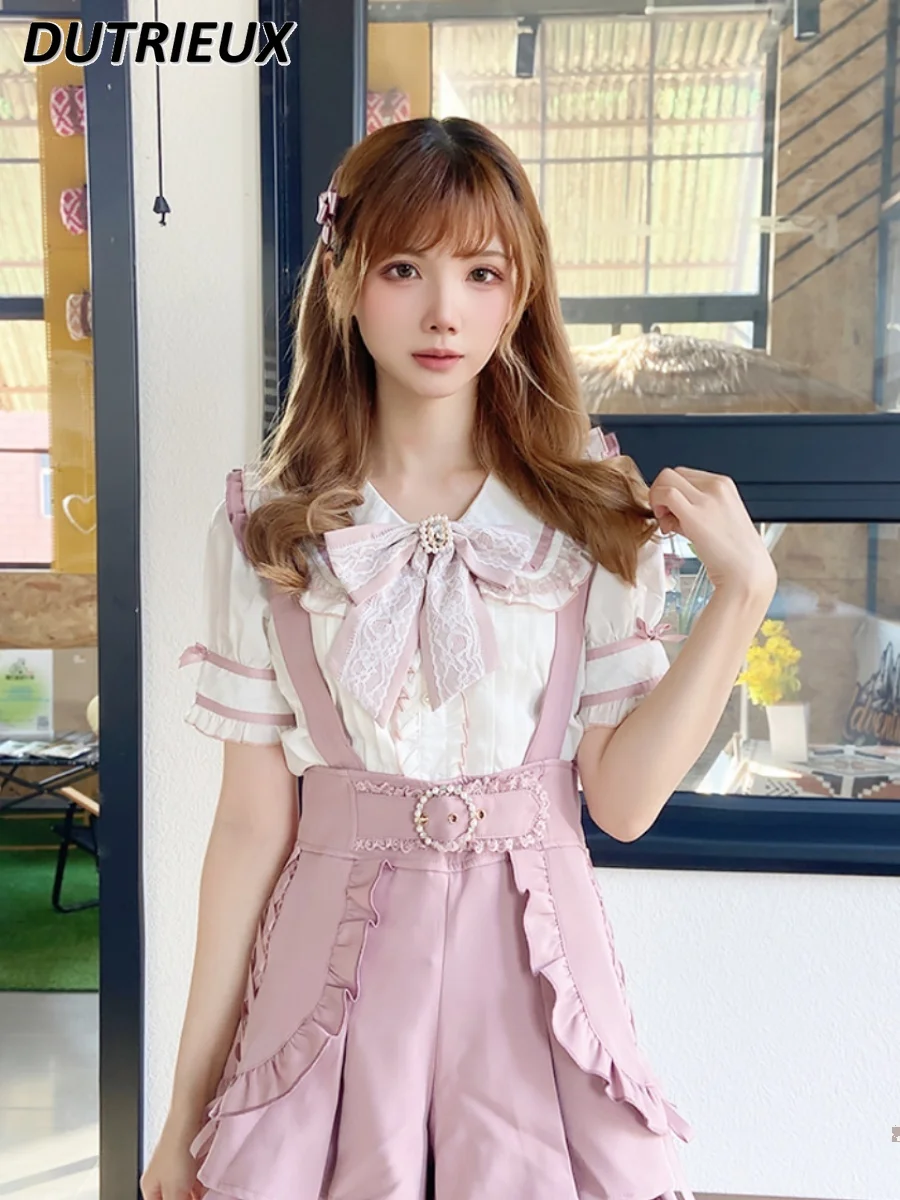 Japanese Style Sweet and Cute Girl Mine Mass- Produced Strap Shorts Solid Color High-waisted Bow Ruffle Overalls Short Pants