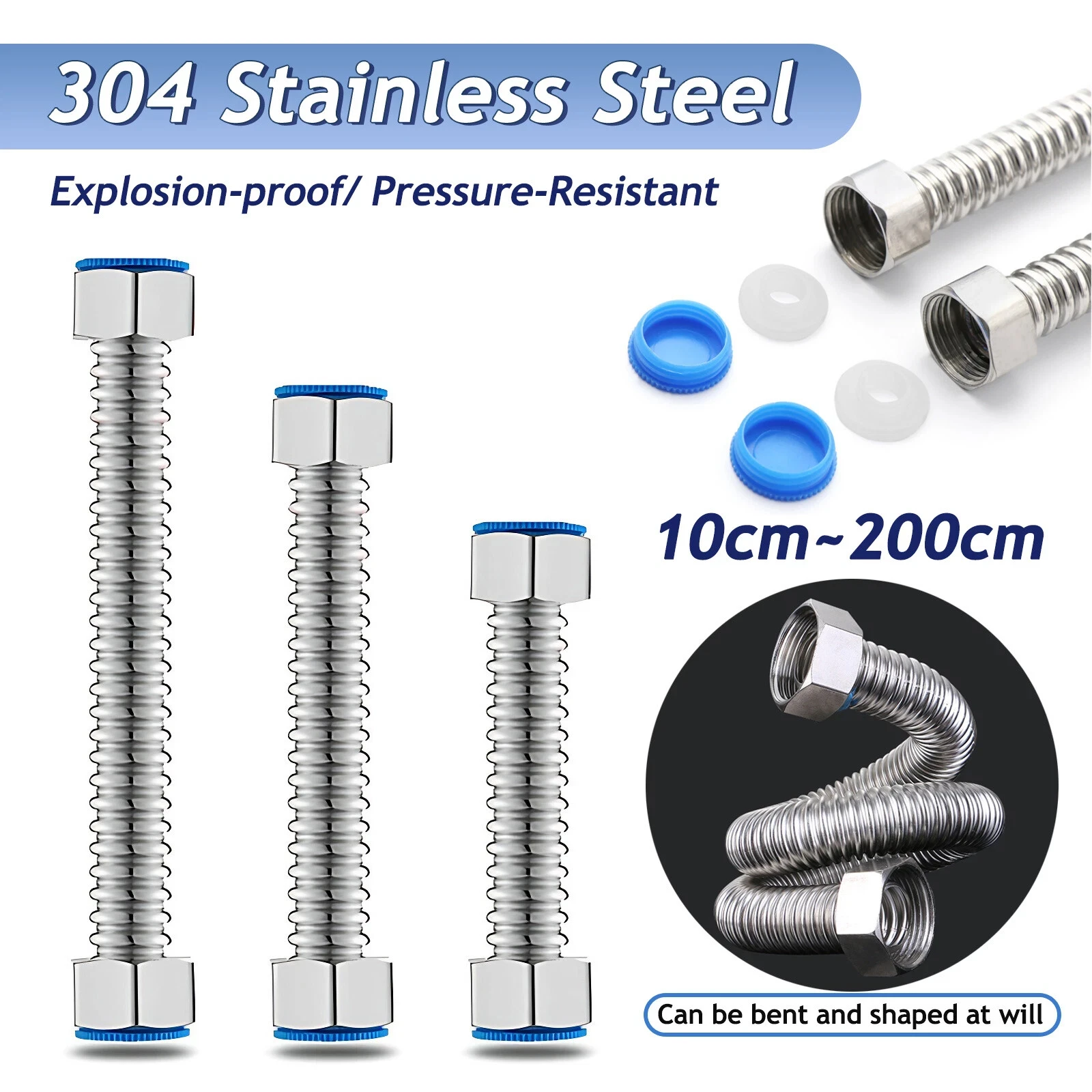 Tubo corrugado de acero inoxidable 304 de 1/2 ", manguera de Metal Flexible de 10 ~ 200cm, calentador de agua, tubería de plomería, accesorios de tubo de cabezal de ducha