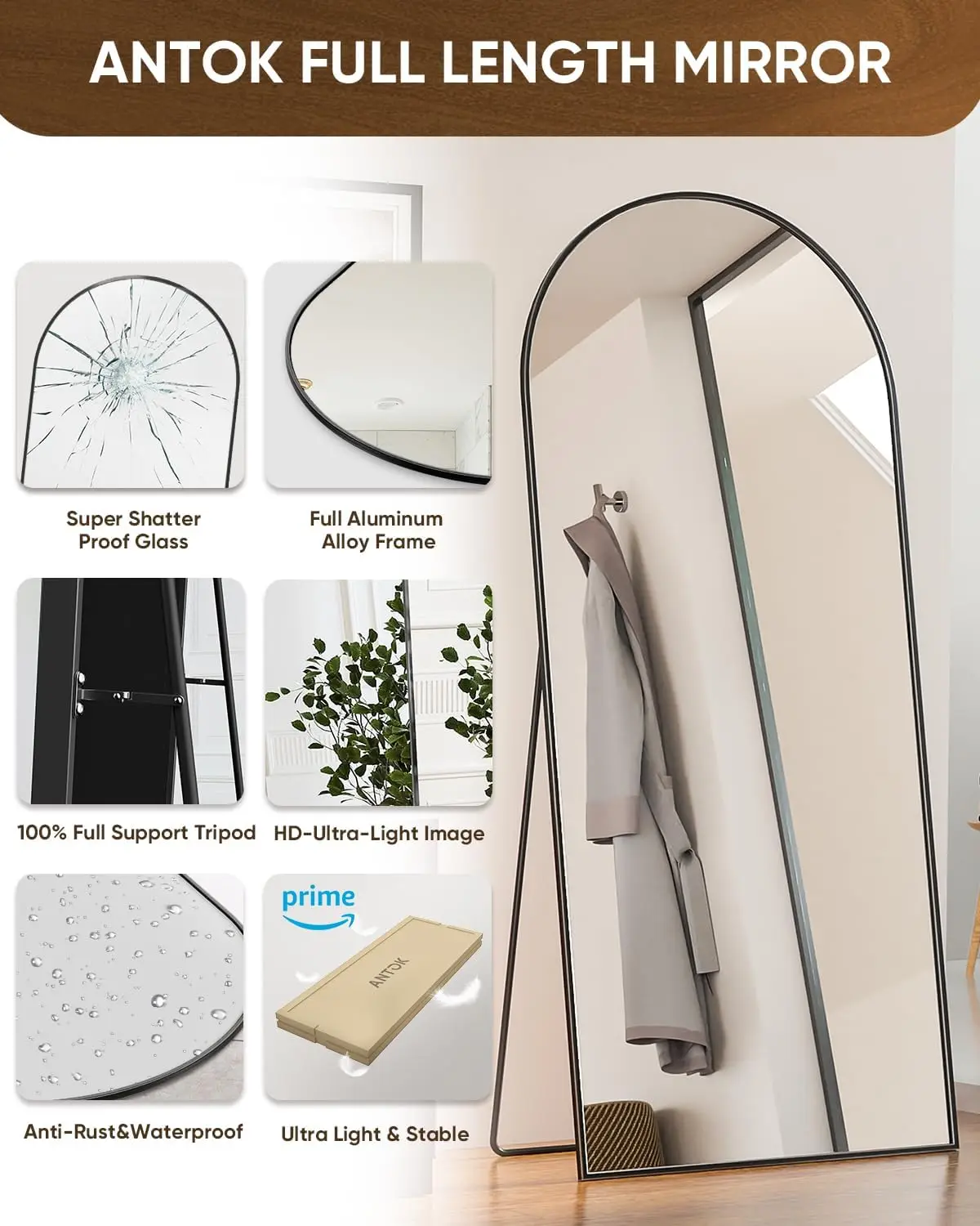 Arched Full Length Mirror com Stand Floor, Glassless Liga de alumínio Frame, parede ou piso Colocação, de alta definição, 71x32 em