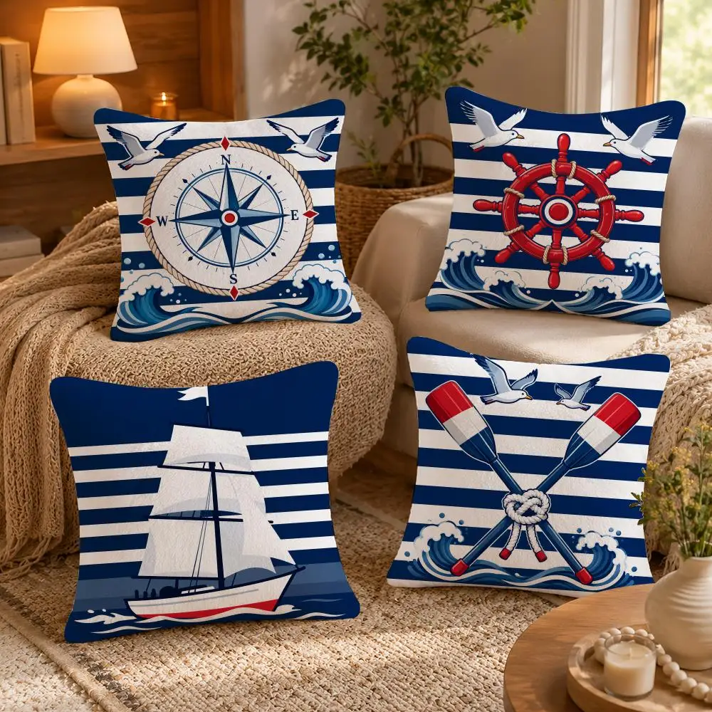 Blue White Striped Marine Cushion Cover Soft Short Plush Pillow Case Double Sided Print Washable Sofa Bed Home Decor Gift