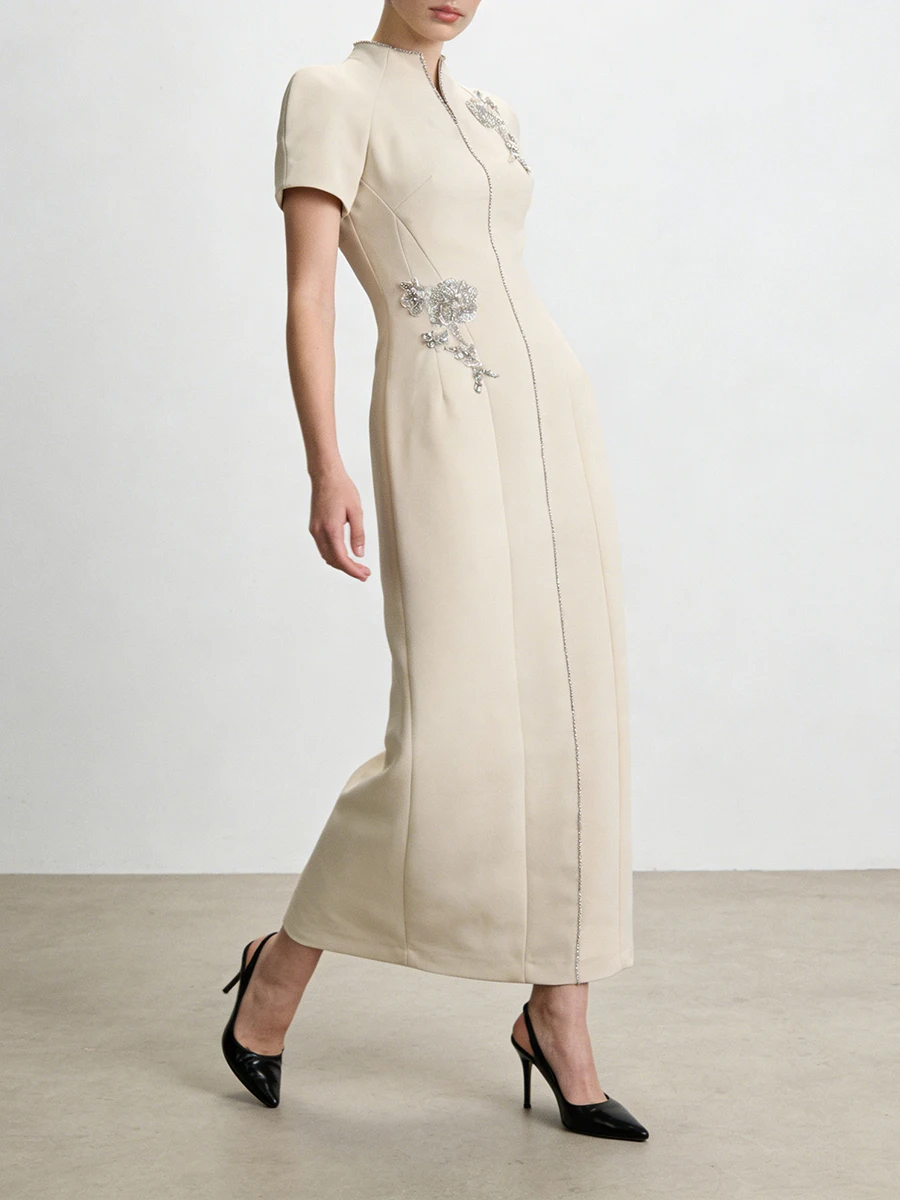 Twotwinstyle sólido emagrecimento emendado apliques temperamento vestidos para mulheres com decote em v mangas curtas túnica elegante vestido longo feminino