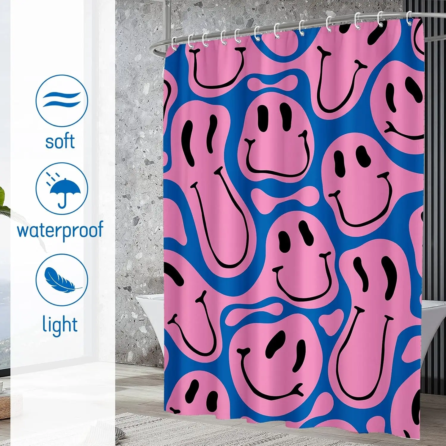 Cute Funny Emoji Face Print Shower Curtain Blue Pink Abstract Pattern Waterproof Bathroom Decor Curtain for Kids Home Accent