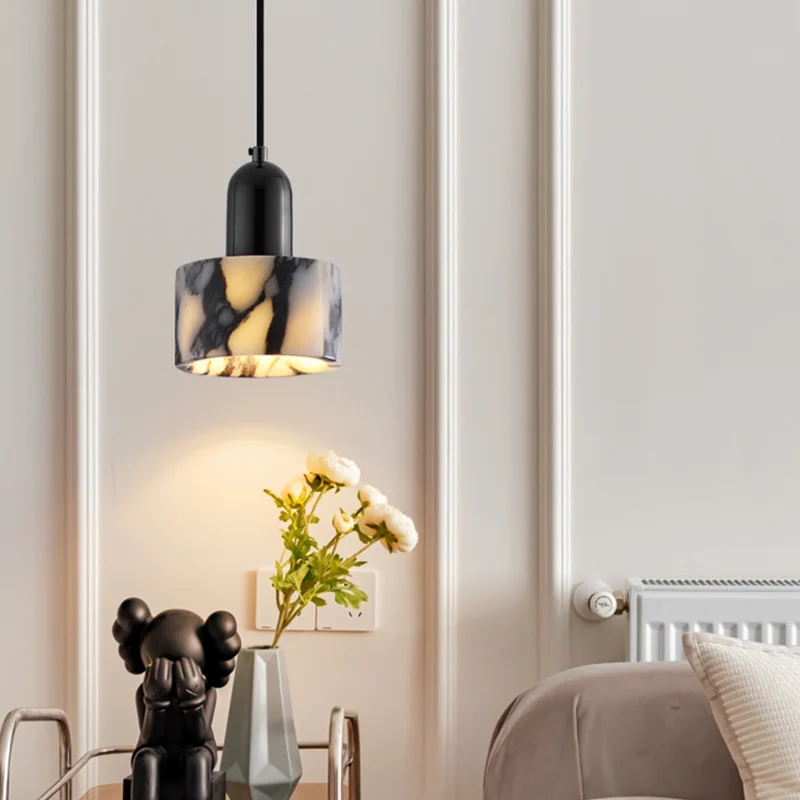 Luxury Black Round Natural Stone Pendant Lamp High-end Bedroom Bedside LED Chandelier Living Room Decoration Home Hanging Lights
