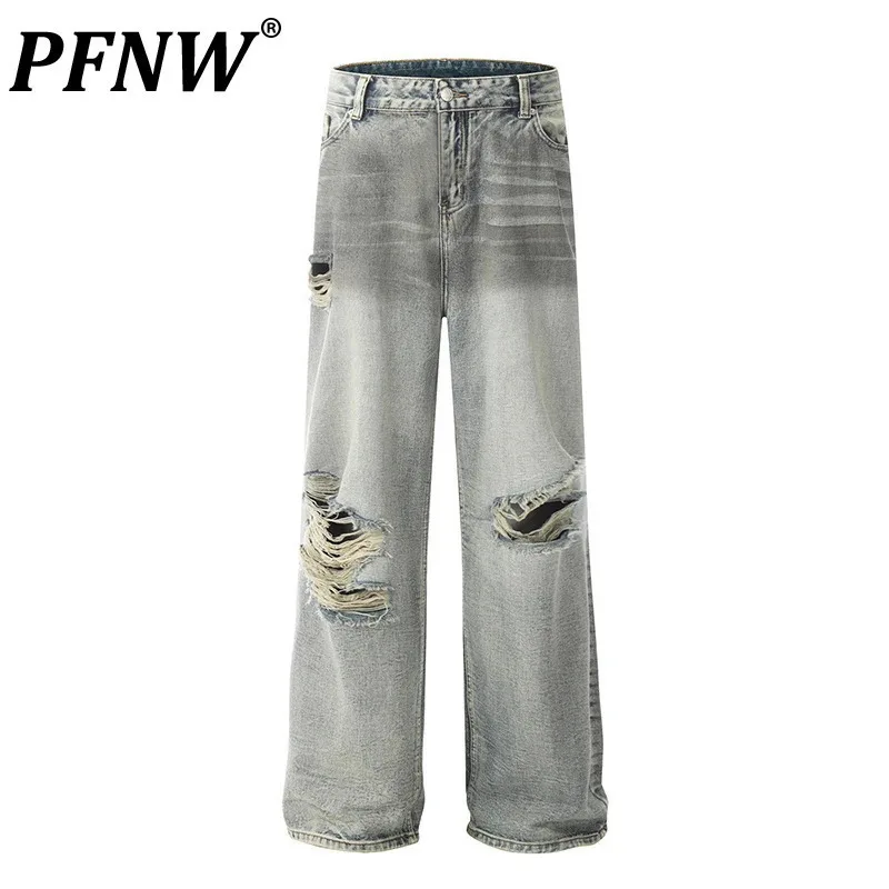 PFNW Male Washed Distressed Jeans Men's Beggar Style Hip-hop Hole Loose Fitting Straight Pants 2025 Tide Gradient Color 28W3514