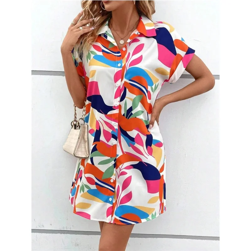 ファイオナブルサマー イルト ド レディース プリントブラウス スカート カジュアル ミッドウエスト ポリエステル オルト スヴェ ターンダウンカラー Hシェイプ