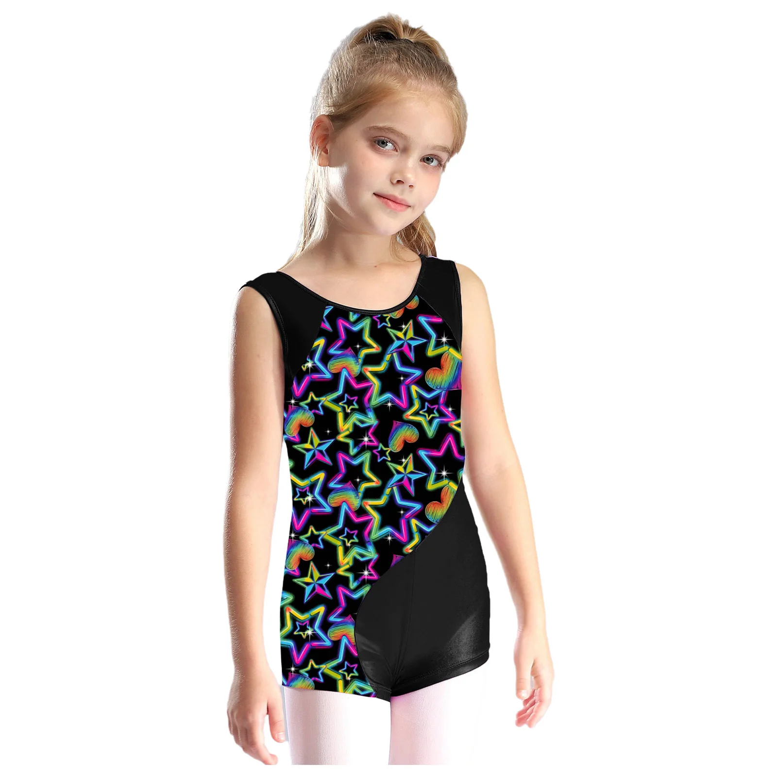 Children Gymnastics Bodysuit Kids Girls Print Skating Jumpsuit for Dancing Sport Unitard Teens Sleeveless Ballet Dance Leotard