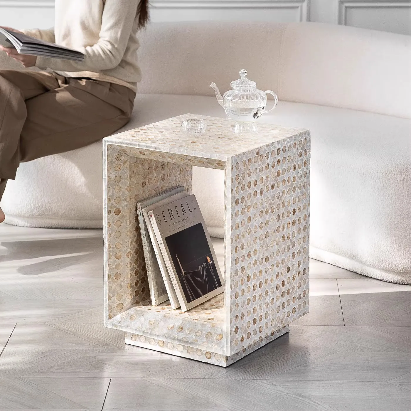 Wabi-sabi Style Art Creativity Natural Shell Square Tea Table Light luxury Design With Storage Living Room Sofa Small Side Table