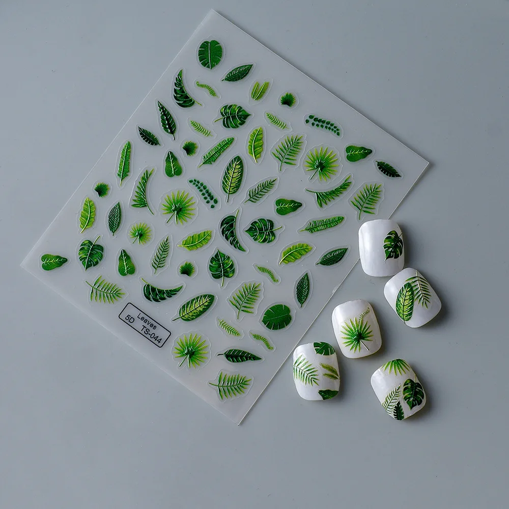 5D Green Tree Leaf Nail Stickers, em relevo, cola traseira, alívio, DIY, outono, Art Decor, novo, setembro, 1 folha