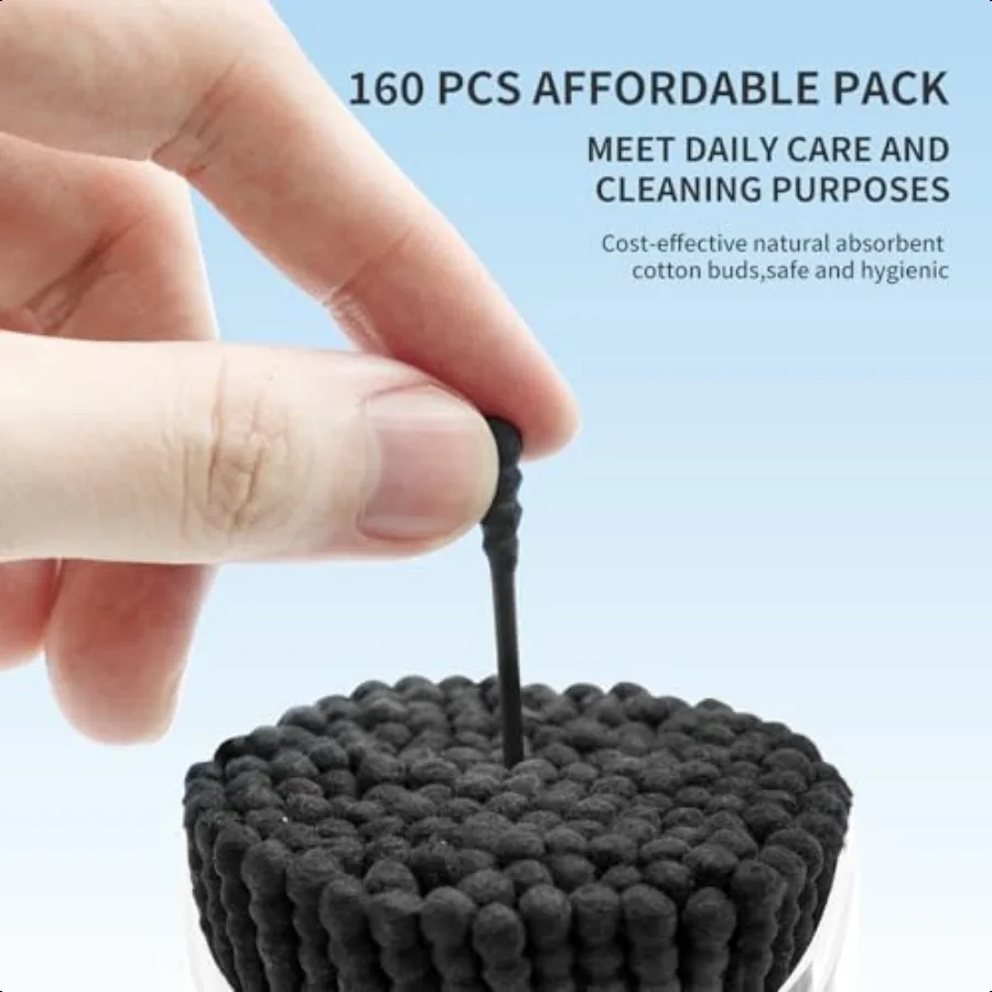 160 Batang Kapas Hitam Ujung Ganda Bentuk Spiral untuk Membersihkan Telinga, Bebas Serat, Tongkat Kertas Biodegradable, Multiguna untuk Riasan