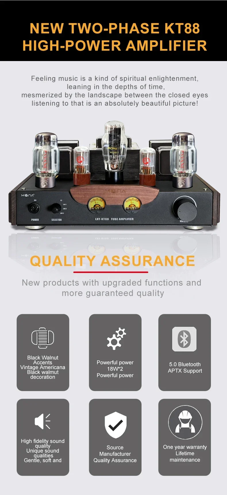 

LXY-KT88 Mini Power Amplifier 18W*2 2.0 Channel Stereo Popular 110V/220V Vacuum Tube Bookshelf Speaker For Home Use