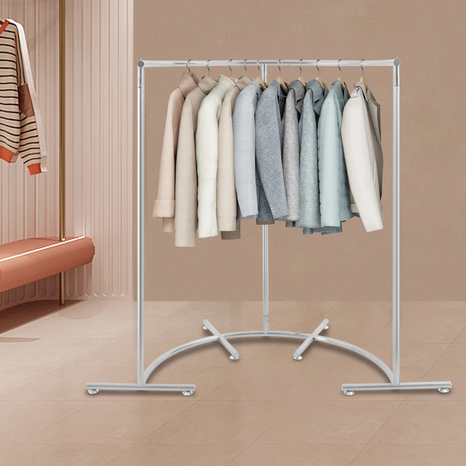 

Half Round Clothes Rack, Curved Clothing Display Rack, Stainless Steel Clothing Display Rack, Freestanding Garment Rack