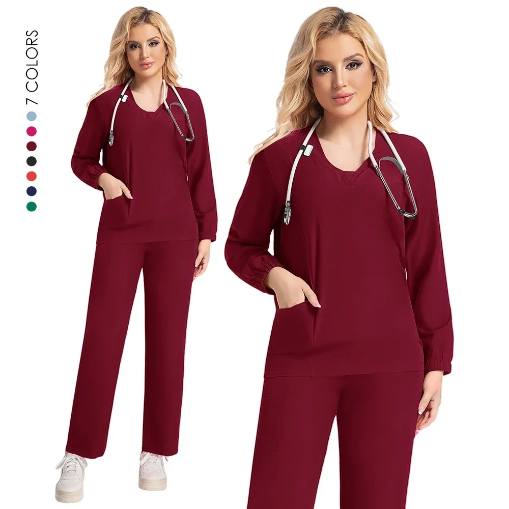 Medische scrubs-uniformen met lange mouwen Mode Ademend Ziekenhuisverpleegstersuniformen Sets Jogger-type verpleegsters-scrubset met korte mouwen