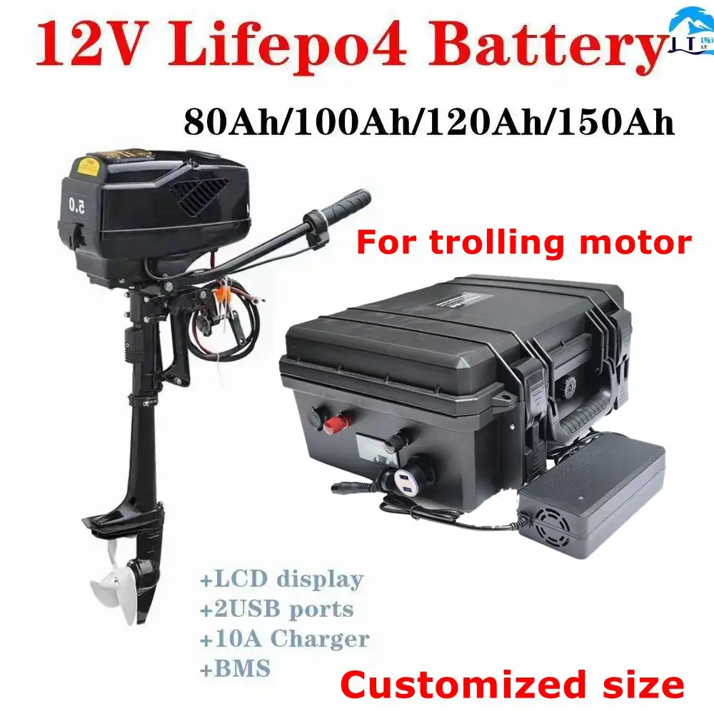 Batterie 12v80Ah 100Ah 120Ah 150Ah LiFePO4 avec chargeur 10A pour batterie d'hélice de bateau, camping-car/scooter, chariot de g