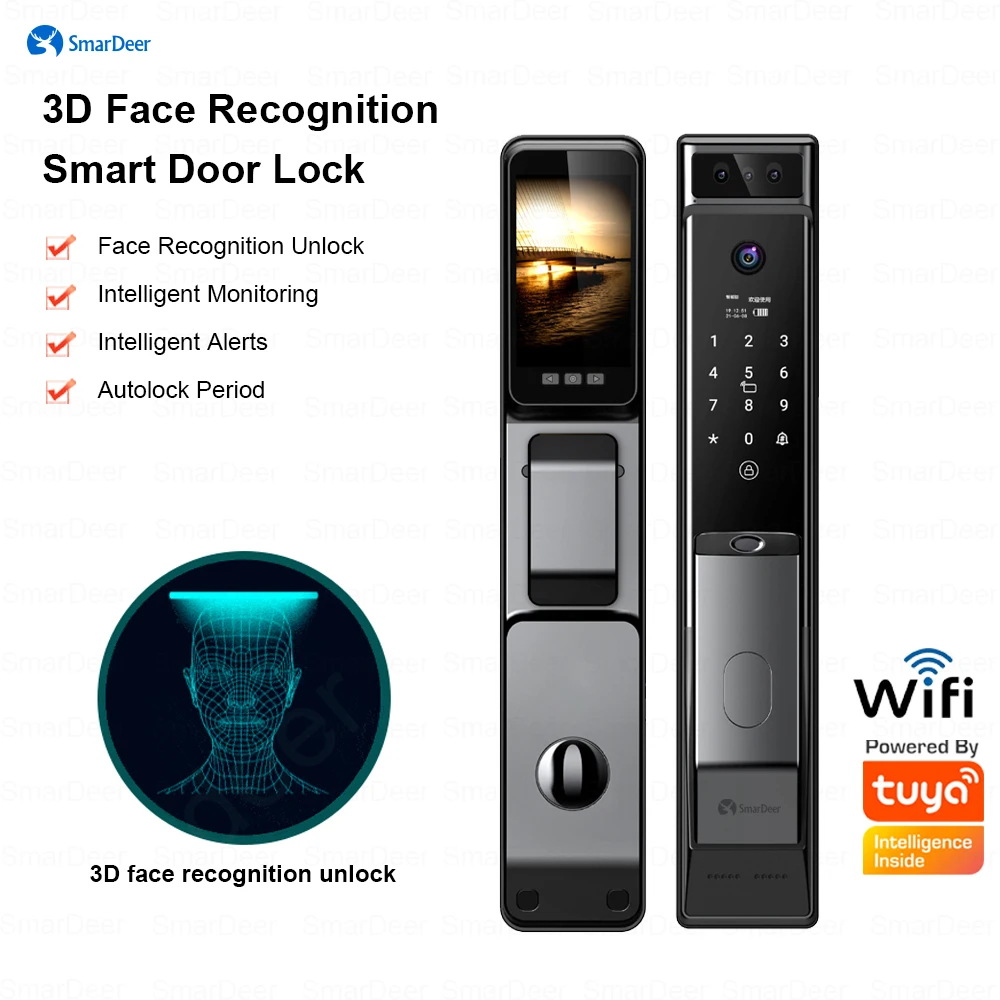 

SmarDeer Smart Door Lock with Camera Face Recognition Digital Electronic Lock with Visual Doorbell Keyless Entry Remote Unlock