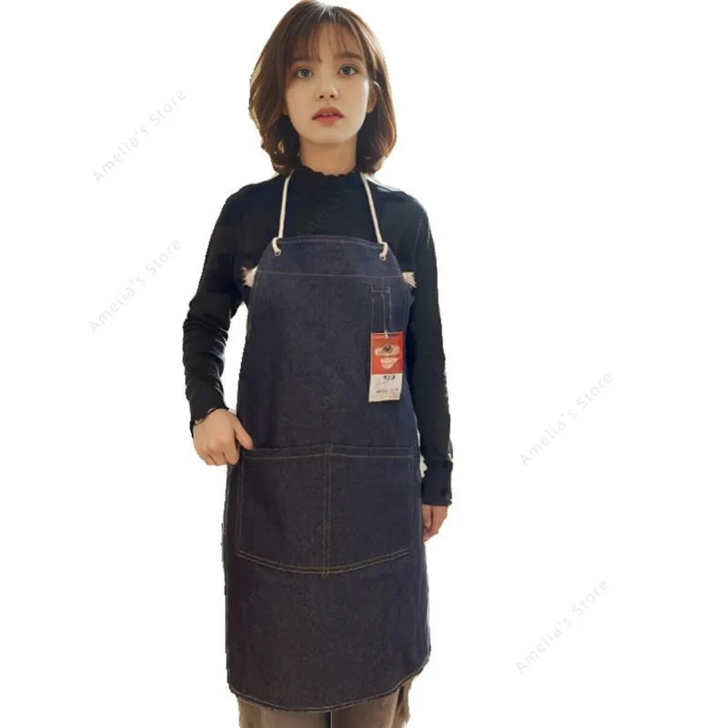 Tablier en denim de coton de style japonais-coisine à la mode café Nail Art peinture vêtements de travail unisexe