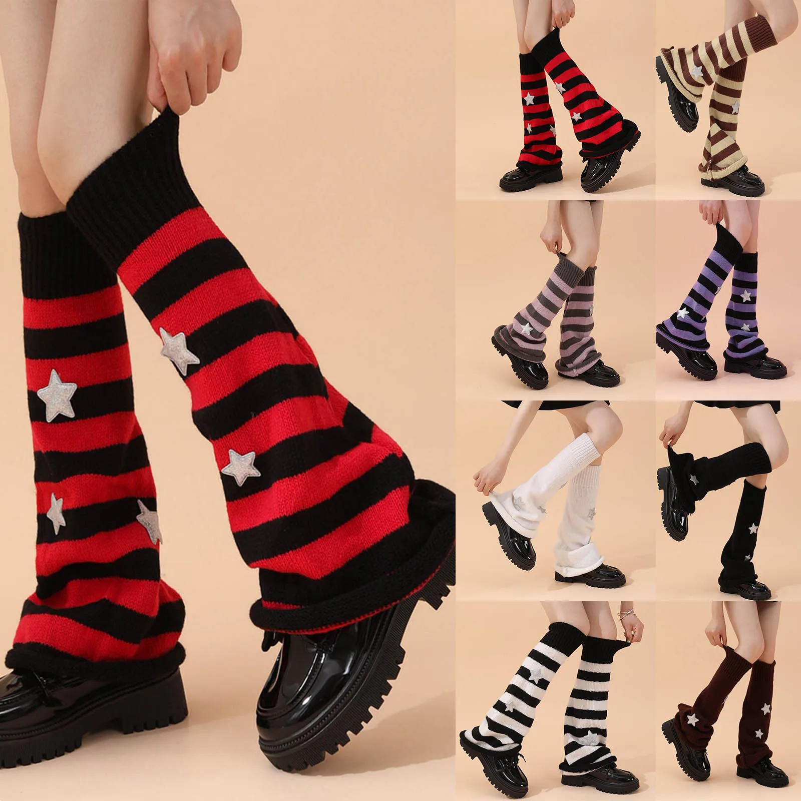 New JK Lolita Leg Warmer Women Autumn Winter Striped Knitted Foot Cover Warm Long Socks Harajuku Y2K Punk Gothic Crochet Socks