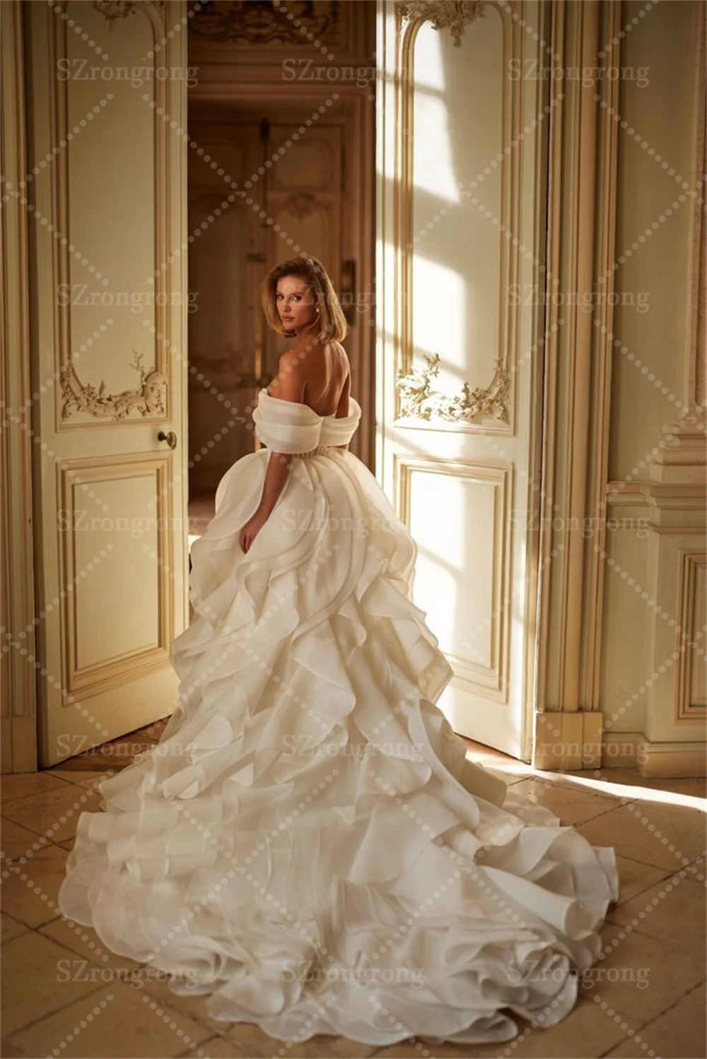 Off Shoulder Chiffon Tiered Ruffles Ball Gown Wedding Gown Backless Floor Length Beach Bridal Dress with Sweep Train Custom Made