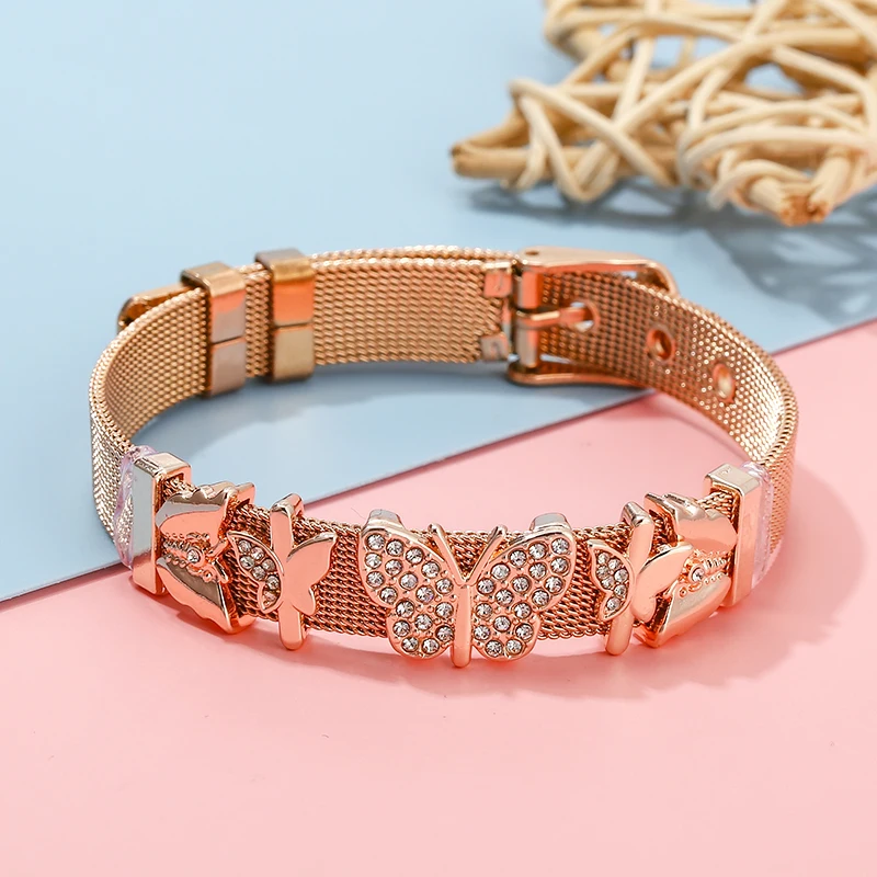 Stainless Steel Mesh Bracelets For Women Men Watch Chain Butterfly Charm Beads Brand Bracelet Bangles Best Couples Jewelry Gift
