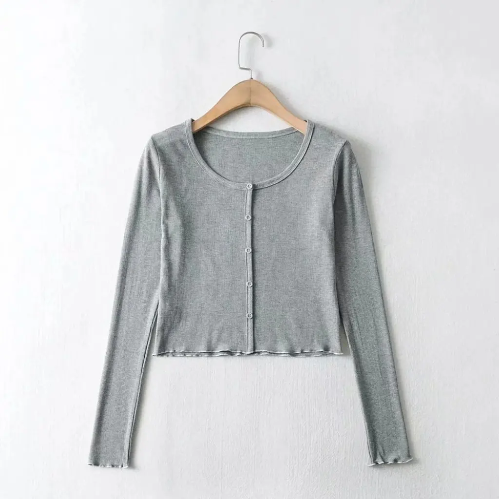 Women's Solid Color Base Shirt round Neck Single-Breasted Long-Sleeved T-Shirt European American Style Spring New