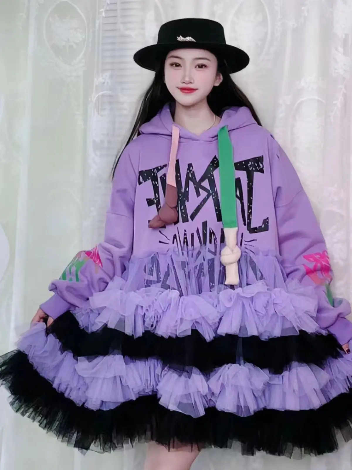 Letters Printed Mesh Ruffles Hooded Sweatshirt Graffiti Hand-Painted Long Pullovers Gauze Pleated Lotus  Patchwork Hoodies Tops