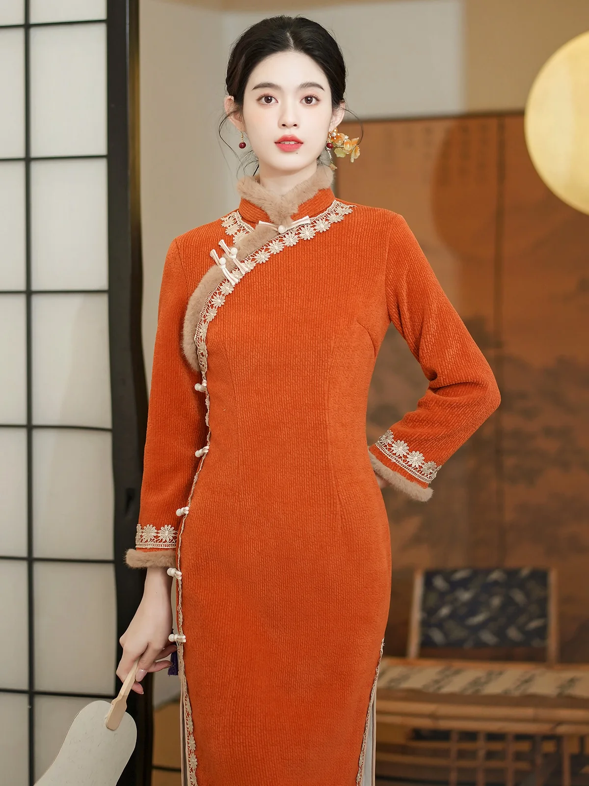 Cheongsam New Autumn and Winter Fleece-Lined Thickened Improved Young Girl's Chinese Style Super Beautiful Orange Clothing