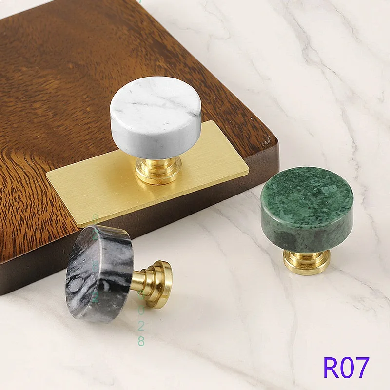 Nordic Vintage Natural Marble Brass Round Single Hole Cabinet Drawer Knob Pull