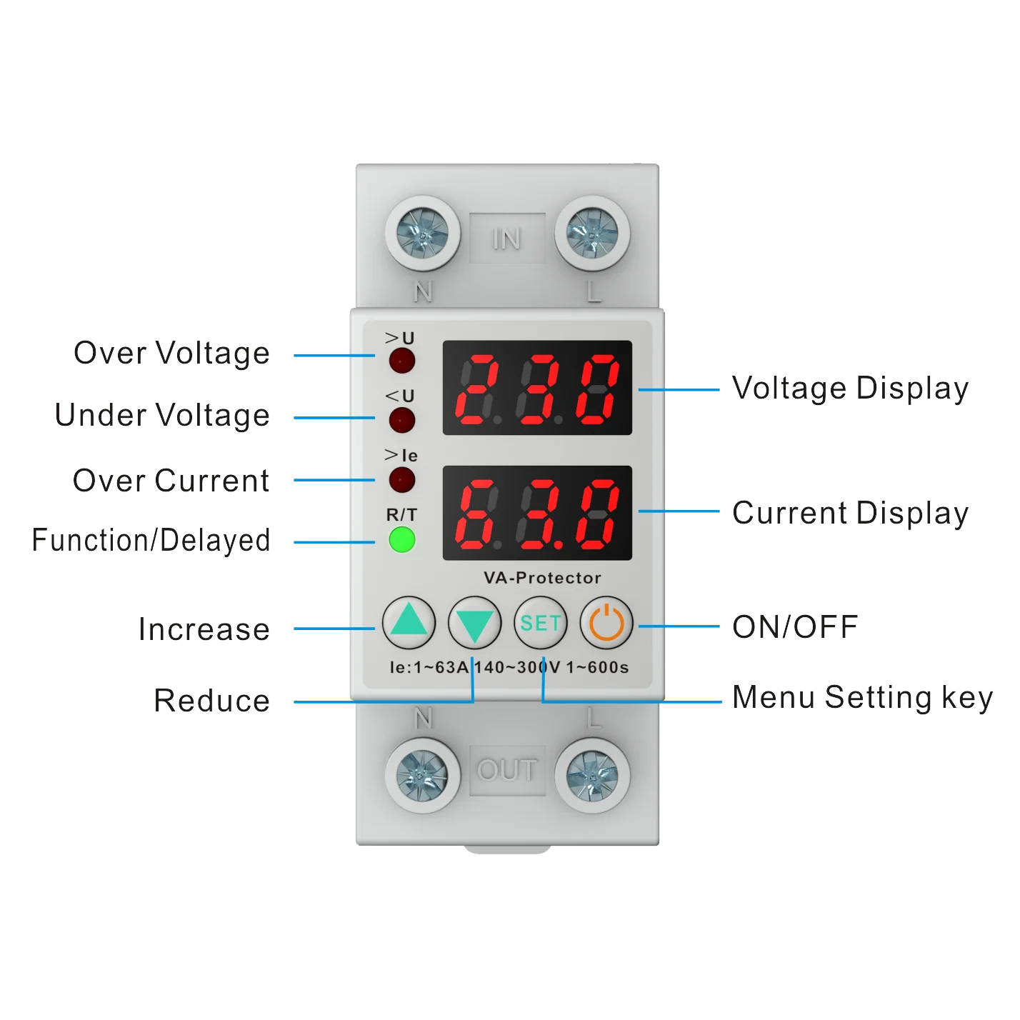 Household DIN Rail Adjustable Digital Dual Display Overcurrent Protector Limit with Current Limiting AC 230V 40A 63A