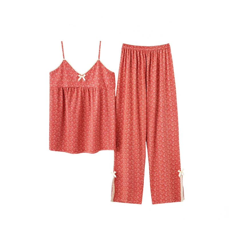 Conjunto de pijama de verão feminino, Calças suspensas, INS Vintage, Fragmentário, FrenchSweet, Sexy, Pode ser desgastado, 2 peças, Roupa de casa