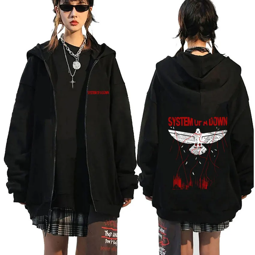 90s Alternative Metal Rock Band System of A Down Pigeon Graphic Zipper Hoodie Men Women Vintage Oversized Fleece Zip Up Hoodies