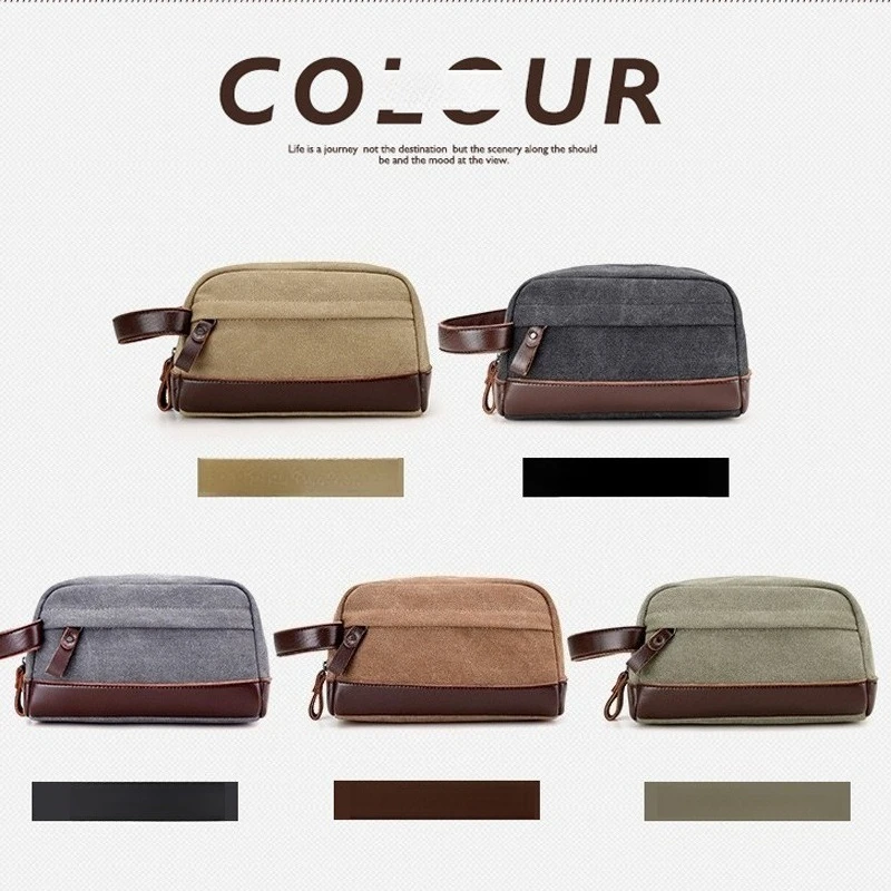 Neue männer Hand-clip Tasche Öl Wachs Leinwand Kulturbeutel Retro männer Tasche Kupplung mit Leder Handgelenk tasche Kleine Tasche