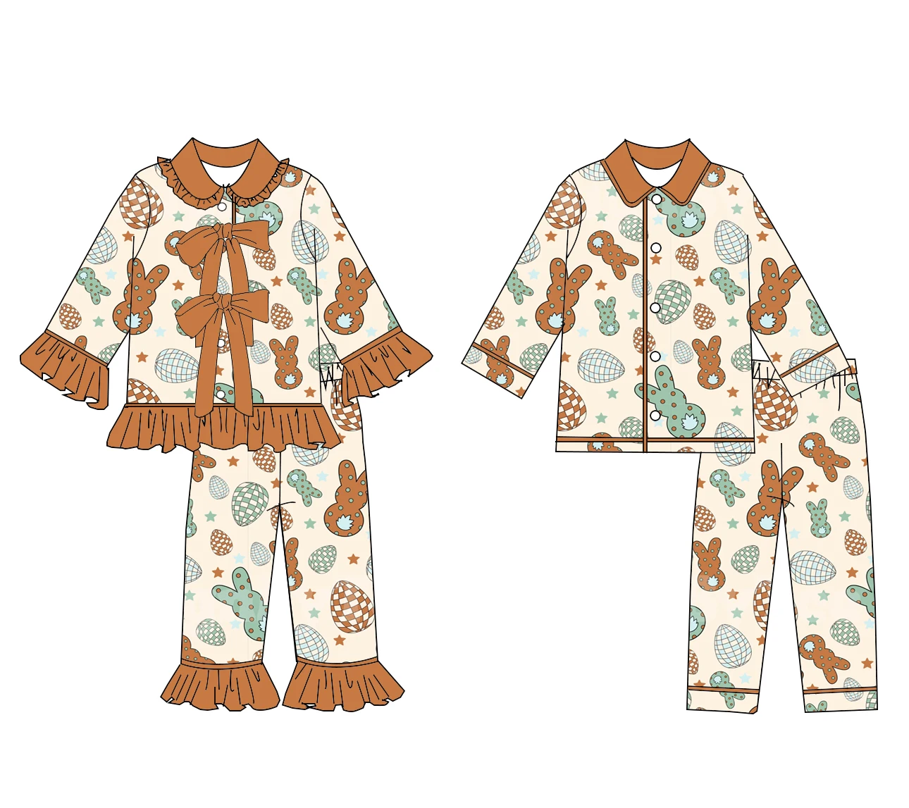 Wholesale Baby Easter Boutique Children's Suits Lapel Lace Long Sleeves Long Pants Rabbit Print Girls Boys Pajamas Suits