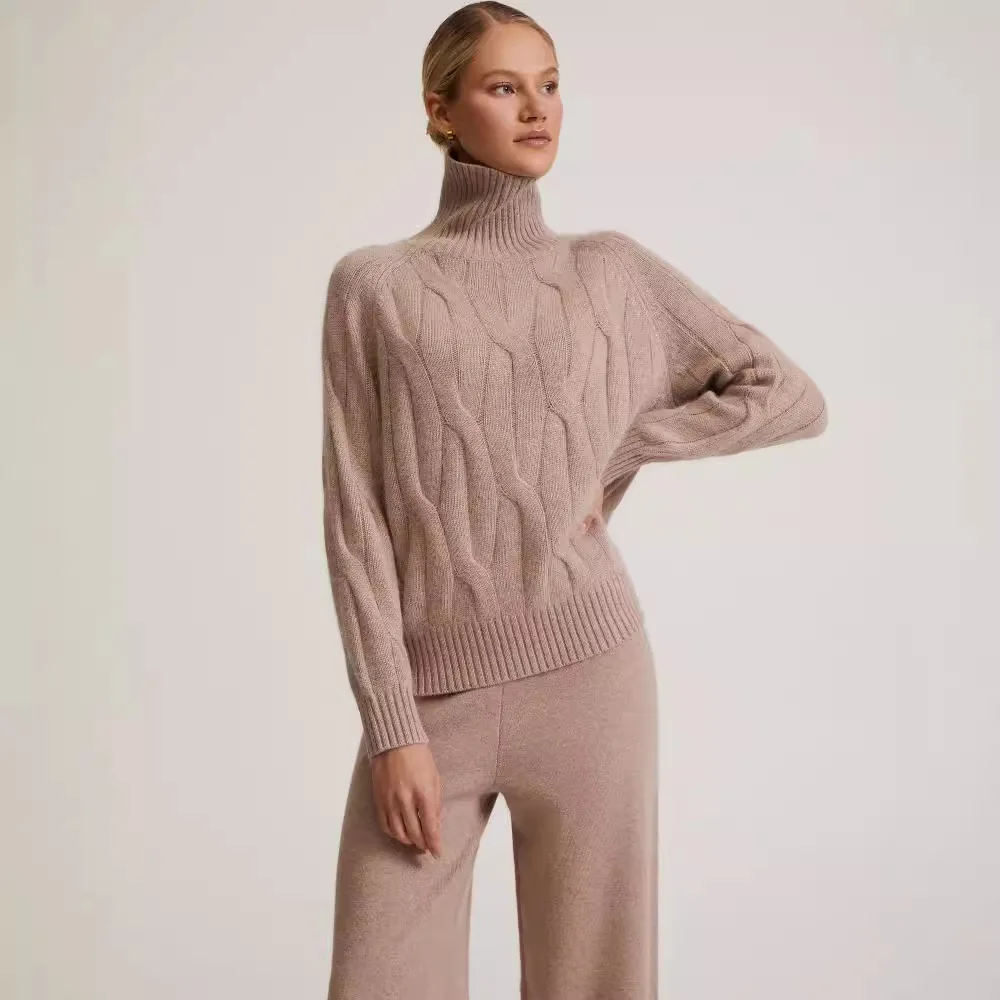 Autumn and Winter Solid Color Casual Knitting Two-piece Set, Women\'s New Fashion Turtleneck Sweater + Wide-leg Pants Loose Suit