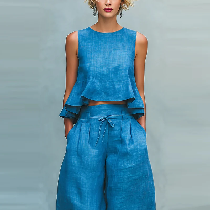 

Fashion O-neck Sleeveless Ruffles Vest And Wide Leg Pants Sets Elegant Solid Color Lady Commute Sets Summer Loose Vacation Sets