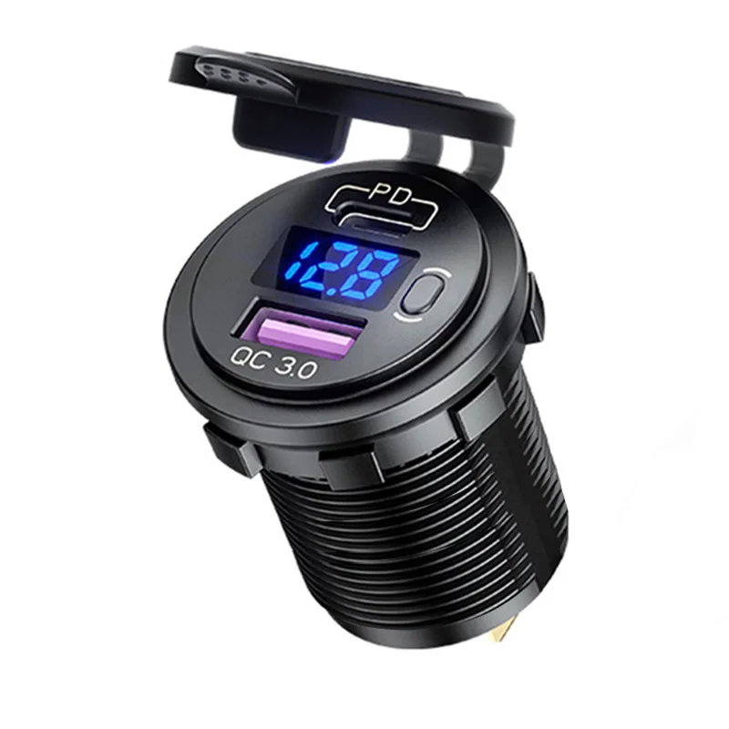 

Автомобильное зарядное устройство USB C, 12 В/24 В, двойная розетка USB PD3.0 и QC3.0, автомобильный USB-порт со светодиодным вольтметром и переключателем включения/выключения