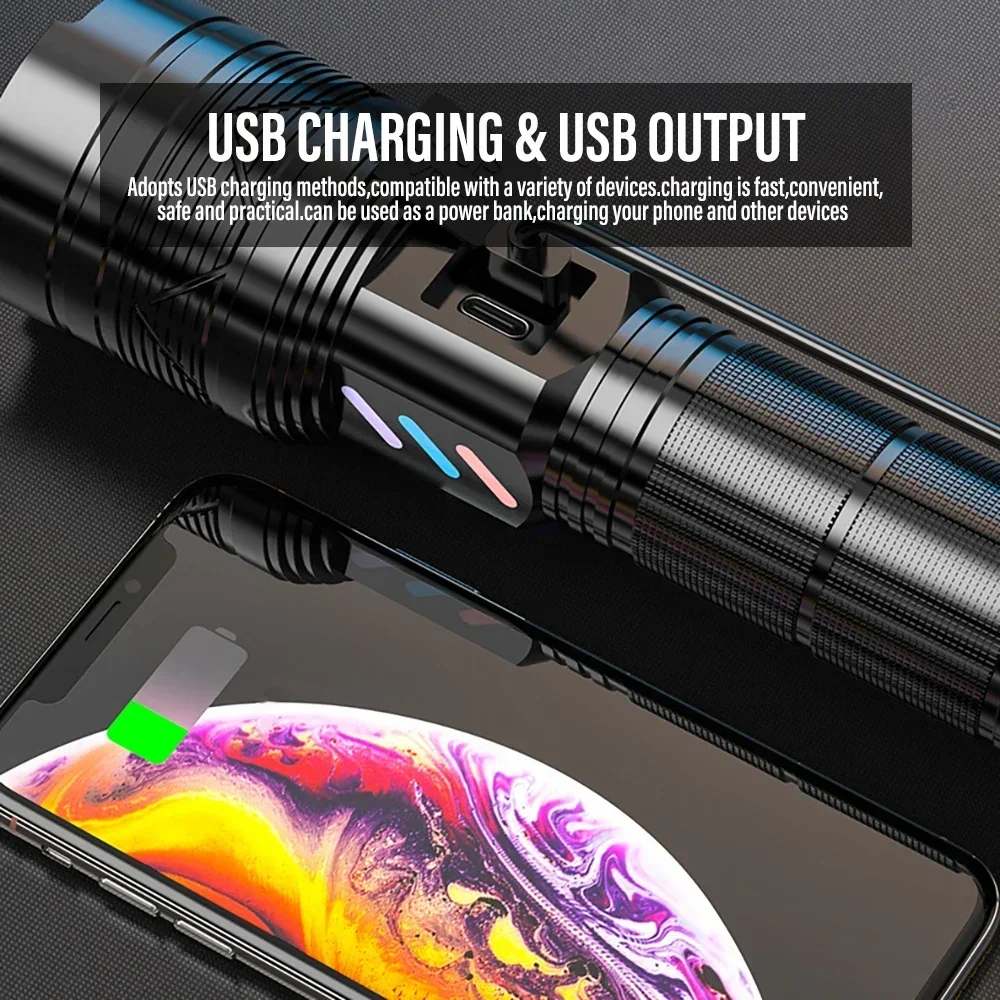 High Power Strong Light Long Range LEP Flashlight USB Charging 26650 Lithium Battery Outdoor Telescopic Zoom Super Bright Torch