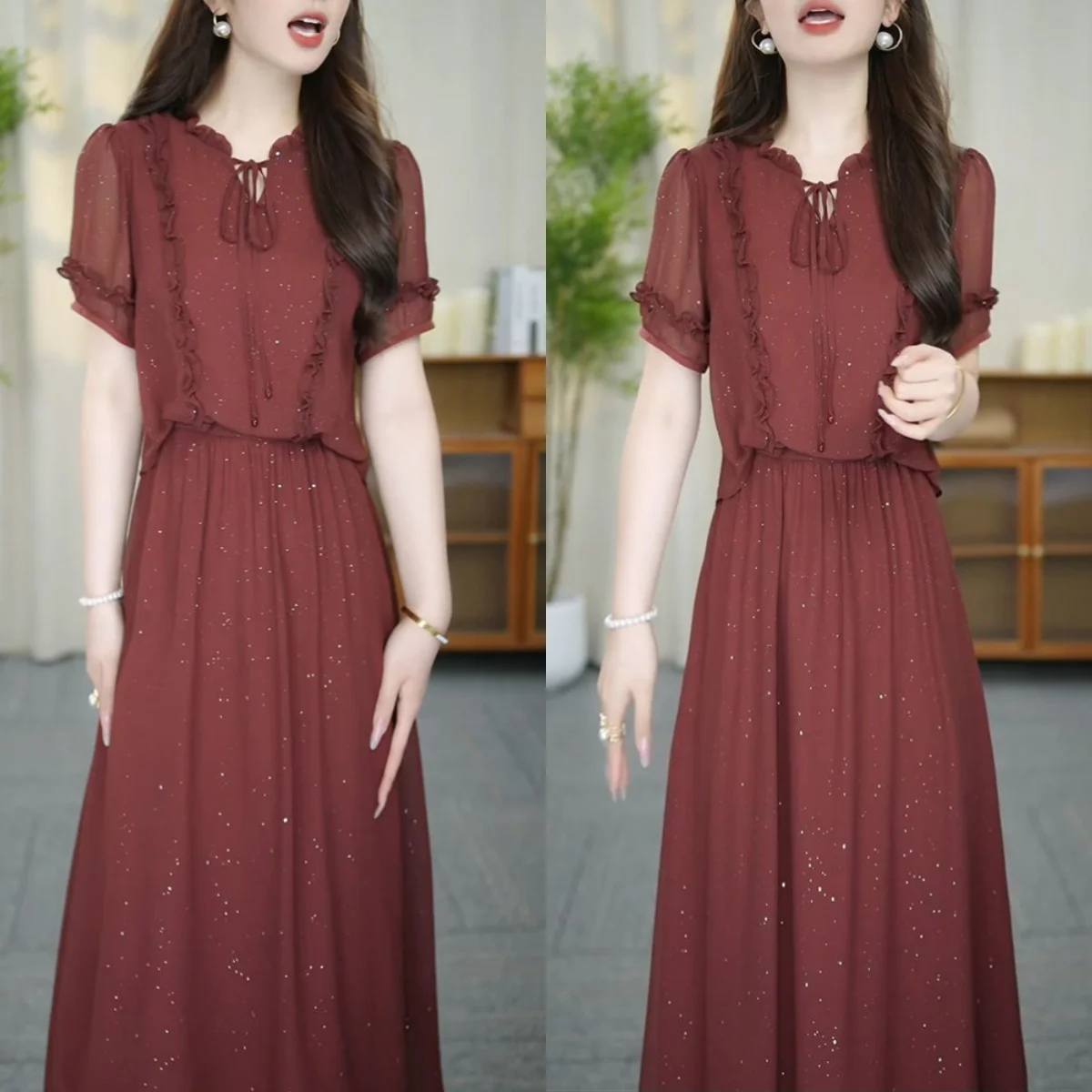 

Весенне-летнее женское элегантное платье с вырезом V-образной формы, пышными рукавами, винтажное, приталенное, для работы, офиса, коктейльных вечеринок, делового повседневного стиля, свободного кроя S275