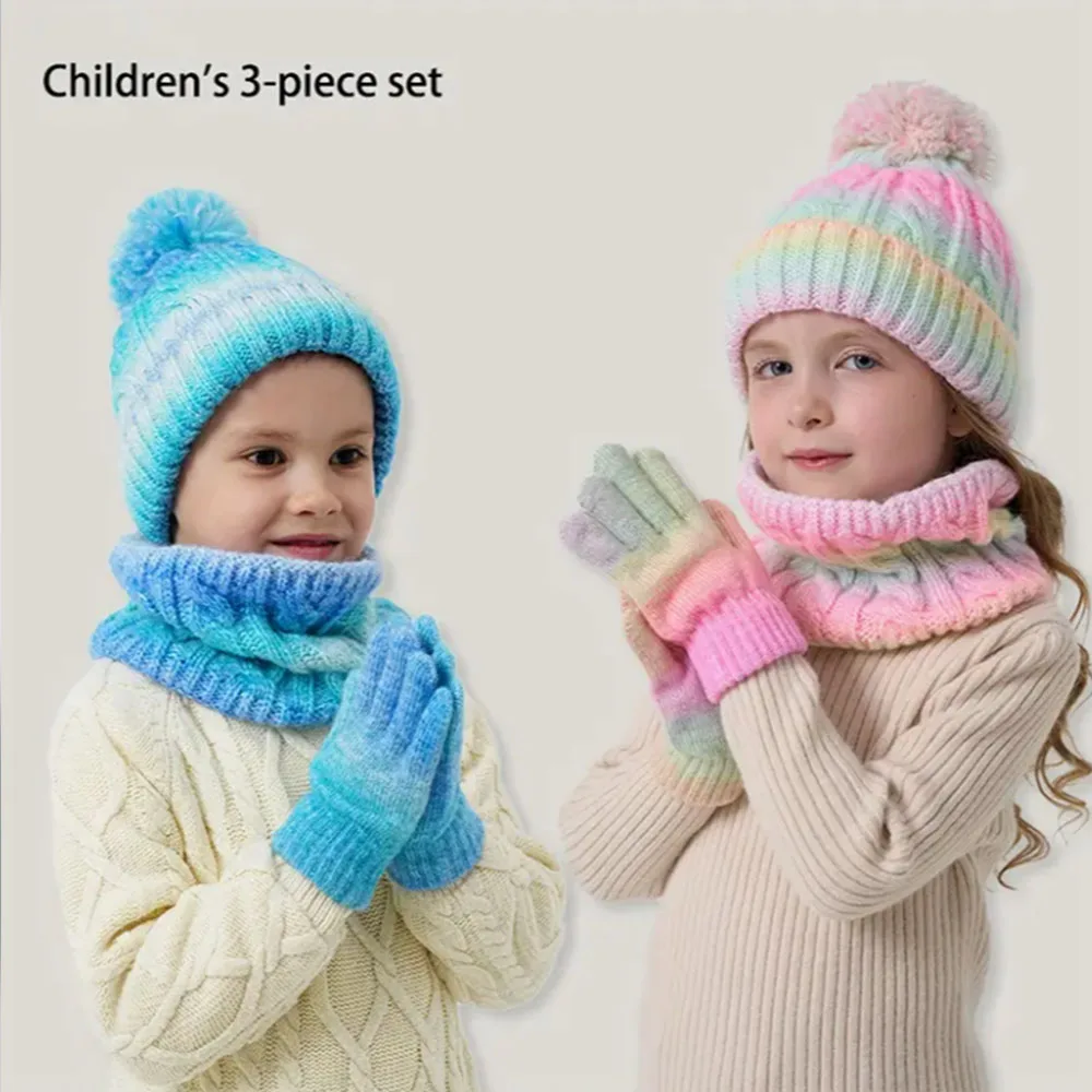 Kids Winter Hat Scarf Gloves Three-Piece Warm Set, 3-8 Years Boys Girls ted Colorful Single Ball Cap Neck Warmer Glove Thermal