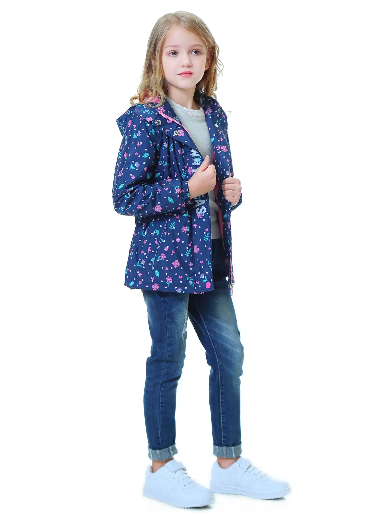 Girls Thin Fleece-lined Jacket With Hooded Reflective Label Zip-up Rain Jacket Windbreaker For Outdoor