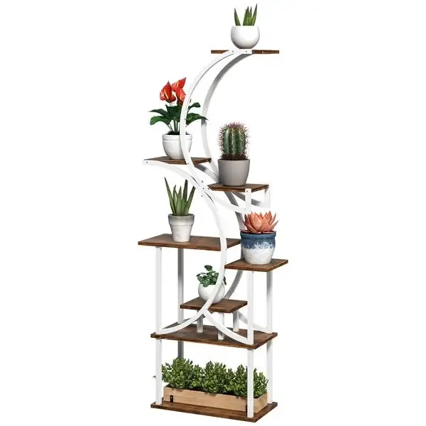 8-Tier S-Shaped Plant Stand – Powder-Coated Steel & Fir Wood, Space-Saving Corner Design, Easy Assembly