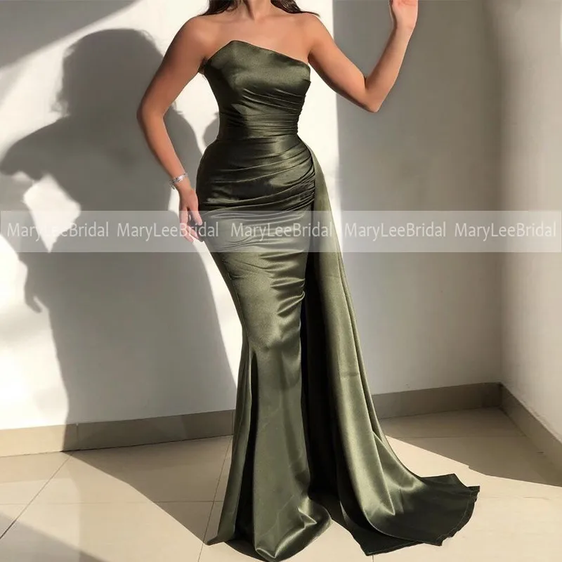 Asymmetrical Neckline Olive Green Mermaid Evening Dresses With Ribbons Pleat Shiny Satin Formal Gowns Prom Dress robes de soirée