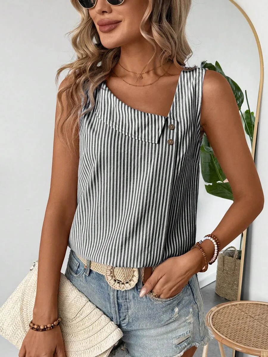 Elegant Loose Blouse Woman Fashion Temperament Sleeveless Woman Shirt Stripes Printed Casual Shirt Holiday Tops Summer Blusas