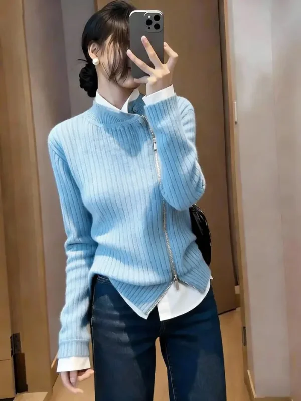 

Модный вязаный светло-голубой свитер с боковой молнией, трендовый дизайн, зимняя модель с передней застежкой, женский мягкий топ из полиэфирного волокна