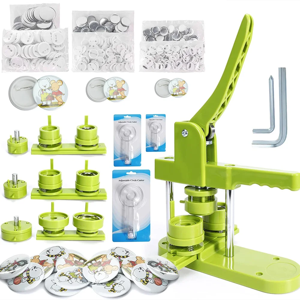 25/32/58MM Badge Button Maker Machine Multiple-Size with 300Pcs Button Parts+Circle Cutter+3 Mold, DIY Badges Press Machine Set