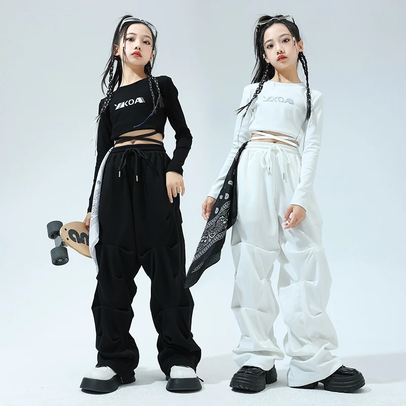 Children Jazz Dance Wear Girls Black Tops White Pants Hip Hop Performance Costume Kpop Stage Outfit Kids Street Dance Suit 2064