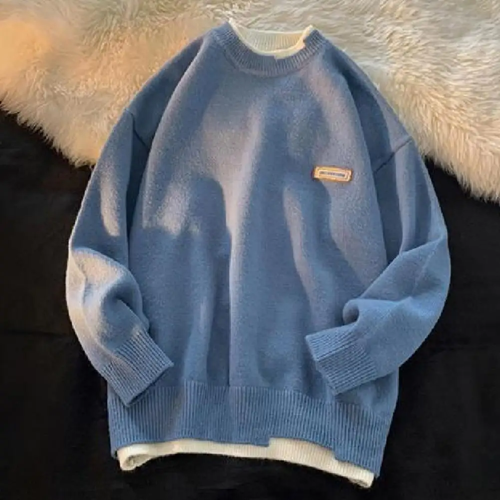 

Свитер с защитой цвета, плотный вязаный мужской свитер на осень и зиму с круглым вырезом и длинным рукавом, теплый Повседневный пуловер для мужчин, имитация