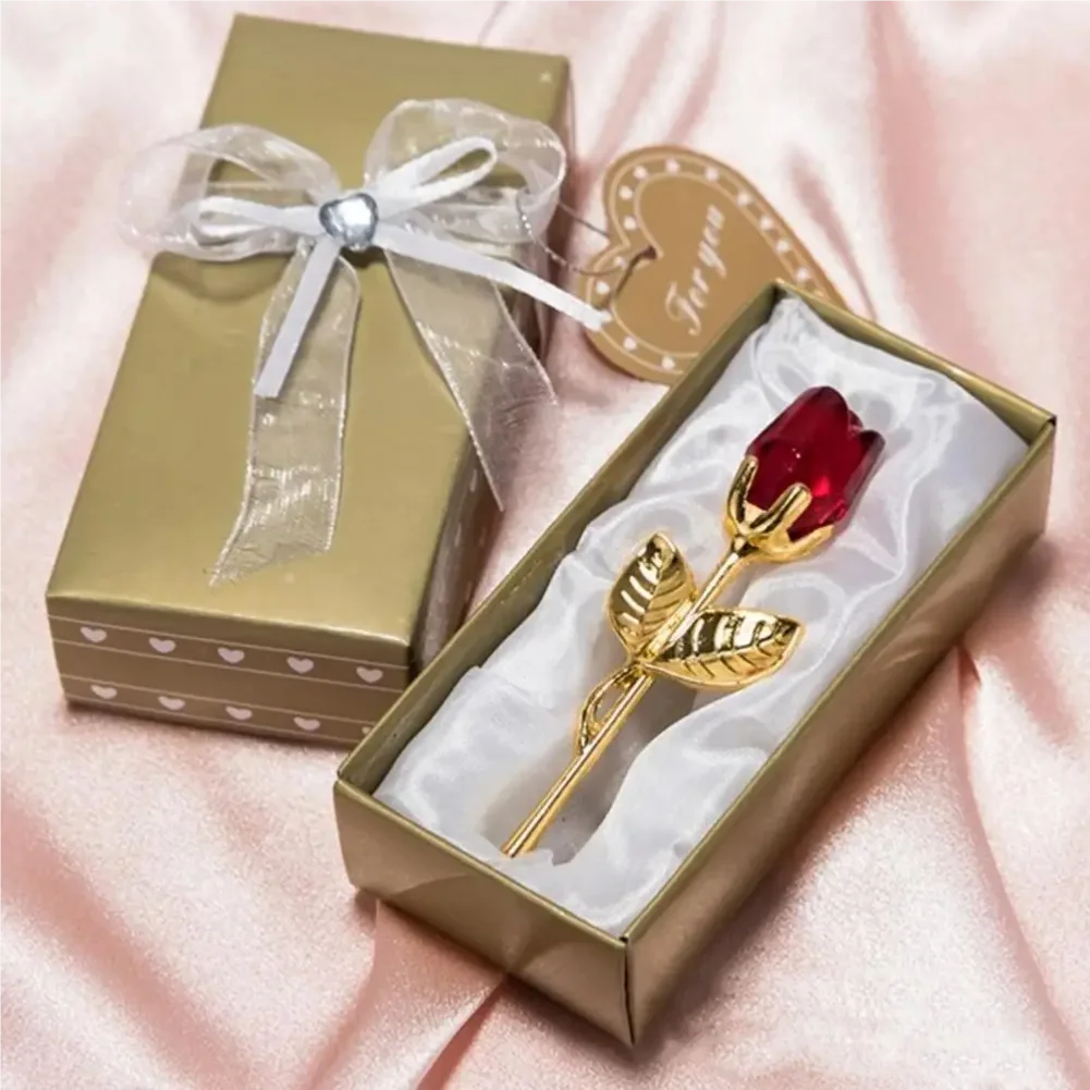 

Valentines Day Gift Crystal Glass Rose Artificial Flower Silver Gold Rod Rose Flower For Girlfriend Wedding Gifts For Guest