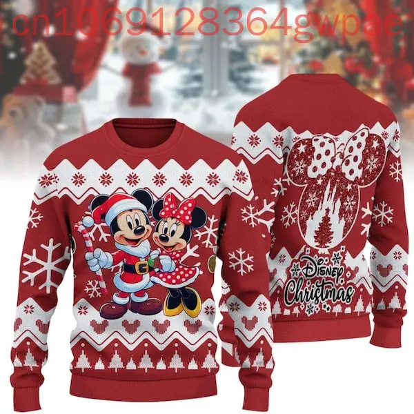 Disney Mickey & Minnie Christmas Ugly Men Women Sweater Cartoon Santa Hat Magic Castle Sweater Winter Outfit Magic Kingdom Gift