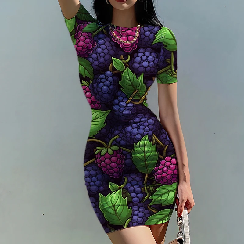 Summer new ladies slim dress raspberry fruit 3D printed lady dress beautiful lady slim dress fashion trend lady slim dress